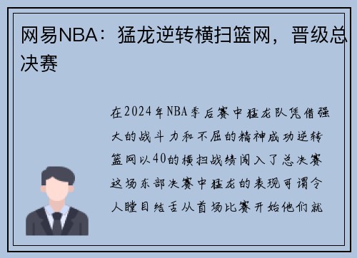 网易NBA：猛龙逆转横扫篮网，晋级总决赛